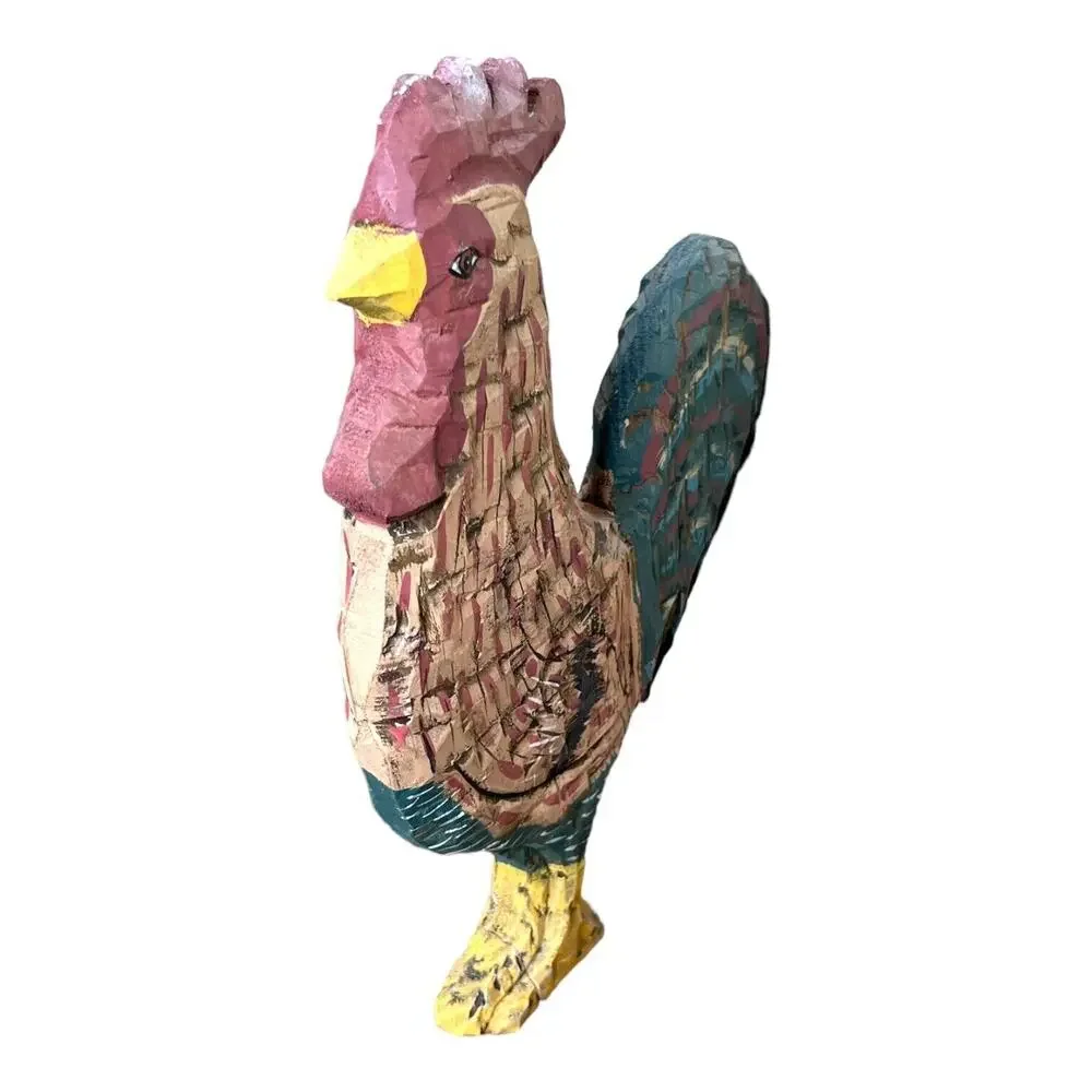 Vtg Wood Farmhouse Country Rooster Decor Hand Carved 12” Tall 9” Long Distressed